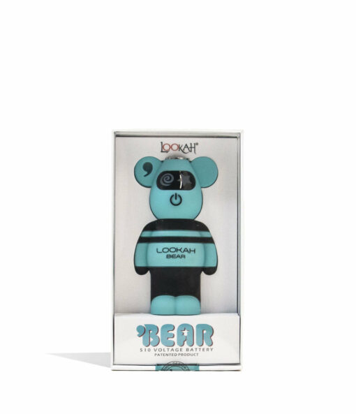 A blue and black Lookah Bear Cartridge Vaporizer comes in clear packaging labeled "LOOKAH BEAR" and "BEAR 510 VOLTAGE BATTERY," with playful bear graphics on a white background.