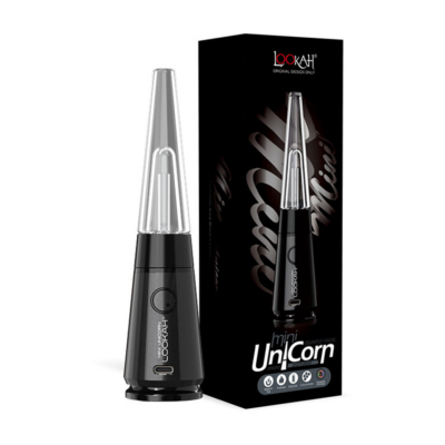 A stylish Lookah Mini Unicorn Vaporizer, featuring a black and silver design with a conical glass top, is shown next to its box, which displays the product image and the Lookah Mini Unicorn Vaporizer name.