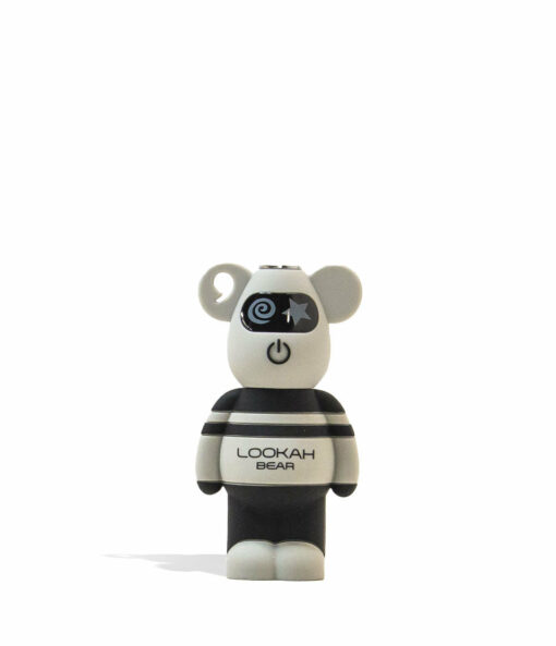 A small, cartoon-style Lookah Bear Cartridge Vaporizer featuring black and white colors, spiral and star designs on its eyes, and "LOOKAH BEAR" on its chest stands on a white background, inspired by the popular vaporizer line.
