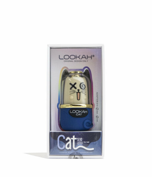 A boxed Lookah Cat 510 Variable Voltage Battery vape with a cartoon cat face (crossed-out eyes, curled mouth), shown in clear packaging with blue and gold accents.