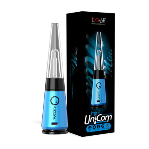 A blue Lookah Mini Unicorn Vaporizer with a clear glass top is displayed beside its black retail box, which showcases matching branding and an image of the vaporizer.