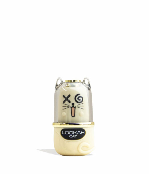 The Lookah Cat 510 Variable Voltage Battery is a small, capsule-shaped device styled as a cartoon cat with a clear top, featuring one X eye, one spiral eye, and its tongue out. The label reads "Lookah Cat.