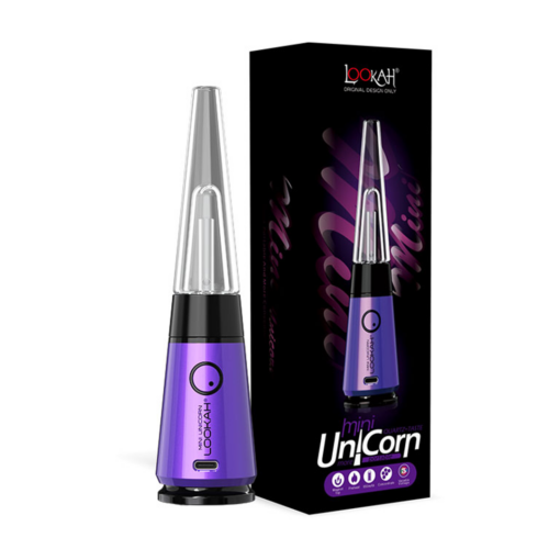 A Lookah Mini Unicorn Vaporizer with a purple base and clear glass top is shown next to its black and purple box, which features product images and the Lookah branding.