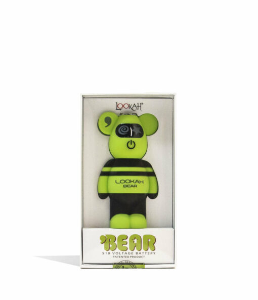 The Lookah Bear Cartridge Vaporizer, featuring a green and black bear-shaped 510 voltage battery, is shown in a clear plastic box with visible branding and product details.