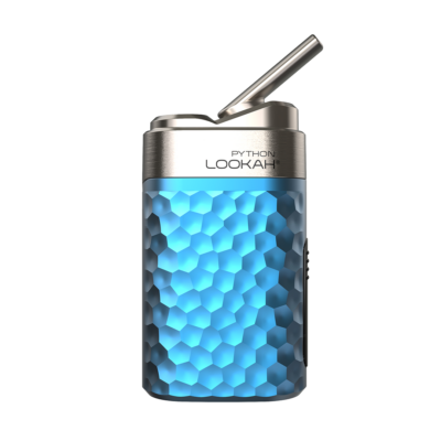 The Lookah Python Vaporizer features a metallic blue and silver honeycomb-patterned body, a tilted mouthpiece, and the "Lookah Python" label on top.