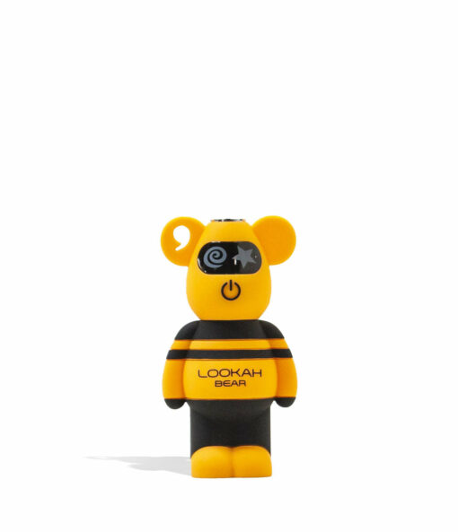 A small yellow and black Lookah Bear Cartridge Vaporizer stands upright, featuring spiral and star eyes, a power symbol on its face, and "LOOKAH BEAR" on its chest—ideal for any vaporizer or cartridge vaporizer fan.