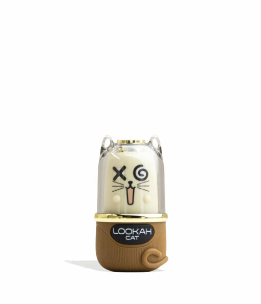 The Lookah Cat 510 Variable Voltage Battery is a small cat-themed device with a white face, playful cartoon features, and a curling tail. It sits in a brown base labeled “LOOKAH CAT.”.