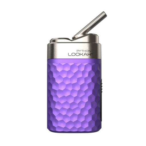 A compact Lookah Python Vaporizer in purple with a honeycomb texture, metallic top, and tilted mouthpiece. "PYTHON LOOKAH" is engraved on the silver upper section.