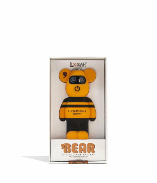 A yellow and black bear-shaped Lookah Bear Cartridge Vaporizer stands upright in clear packaging with white borders, marked as a 510 Voltage Battery and labeled "Lookah Bear Cartridge Vaporizer" at the bottom of the box.