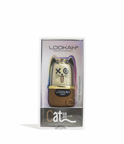 The Lookah Cat 510 Variable Voltage Battery comes in gold and brown packaging with a cartoon cat face and ears, featuring Lookah Cat branding, voltage details, and product info on the front.