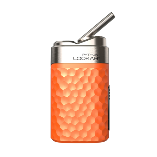 The Lookah Python Vaporizer features a bold orange color, textured hexagonal pattern, metal top, and tilted mouthpiece. "PYTHON LOOKAH" is printed on the metallic band near the top for a distinctive appearance.