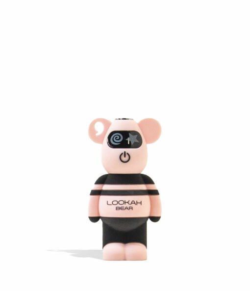 A Lookah Bear Cartridge Vaporizer toy figure in pink and black, wearing an eye mask and a shirt labeled LOOKAH BEAR, stands upright against a white background—ideal for fans of the brand.