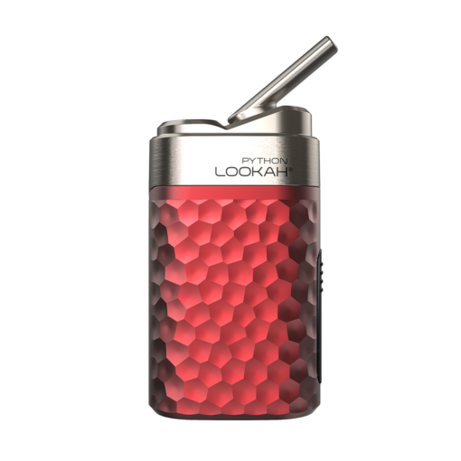 The Lookah Python Vaporizer is a metallic red and silver handheld device with a honeycomb texture, labeled "Lookah Python," and features a flip-top mouthpiece.