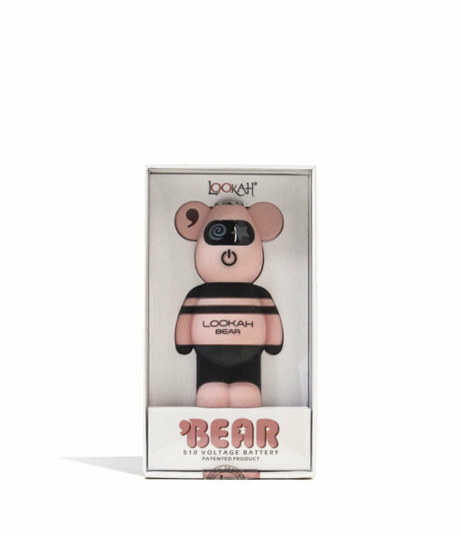 The Lookah Bear Cartridge Vaporizer, featuring pink and black colors, is shown in its packaging with the bear visible through a clear window, standing upright against a white background.