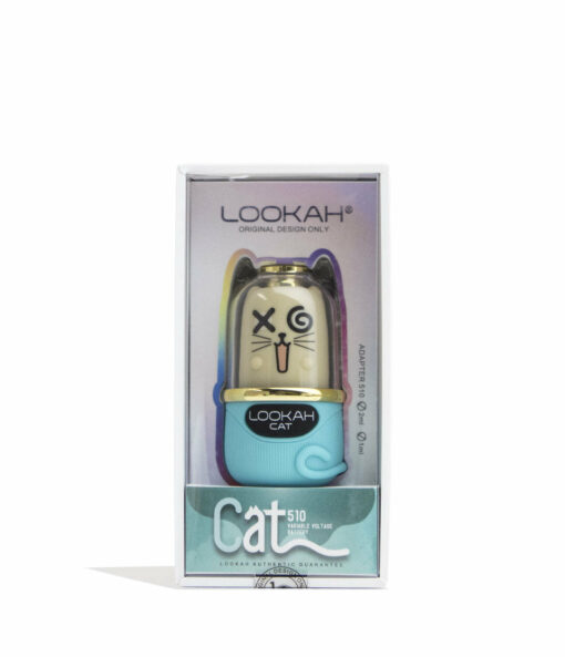 The Lookah Cat 510 Variable Voltage Battery features a blue cartoon cat design with a white face and closed eyes, and comes in clear packaging showcasing the Lookah branding and product details.