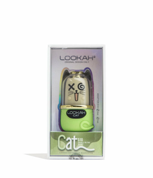 The Lookah Cat 510 Variable Voltage Battery features a cat-faced design with gold ears and a green base, visible in clear packaging displaying Cat and LOOKAH branding on the front.