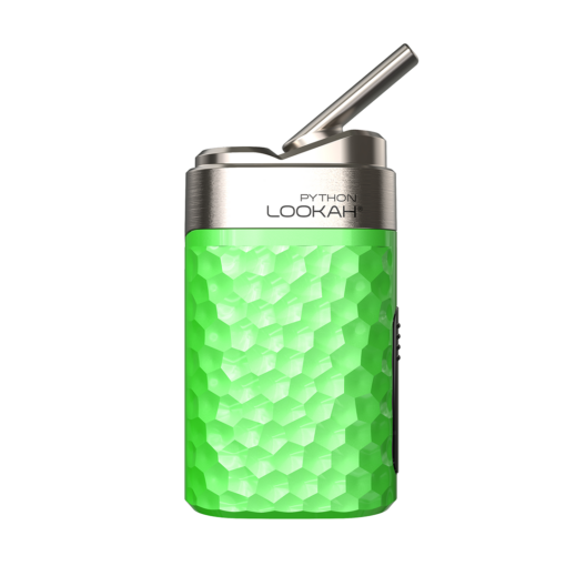 The Lookah Python Vaporizer is a green, textured, rectangular portable vape with a metallic top and flip-up mouthpiece, labeled "PYTHON LOOKAH.