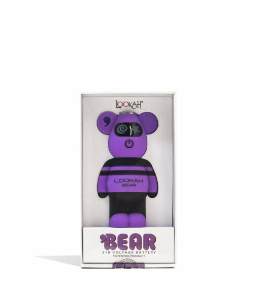 The Lookah Bear Cartridge Vaporizer features a purple bear-shaped battery with black stripes, an eye patch, and a spiral design. Packaged in a clear box labeled “Lookah Bear 510 Voltage Battery,” it’s ideal for any cartridge vape enthusiast.