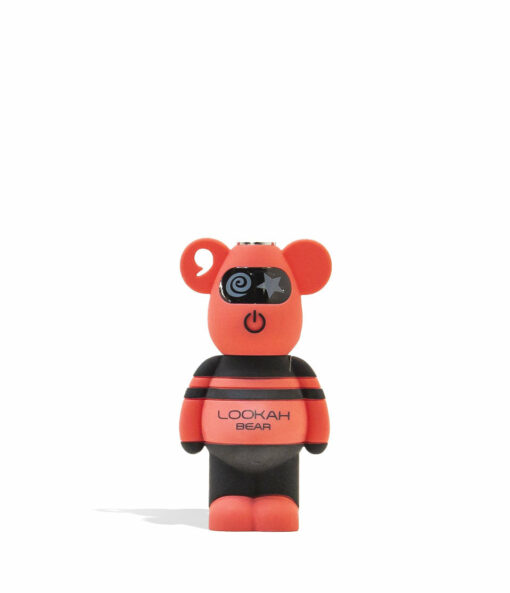 A red and black Lookah Bear Cartridge Vaporizer figurine with a power symbol on its chest, "LOOKAH BEAR" text below, and a star and swirl design over its left eye stands against a white background.
