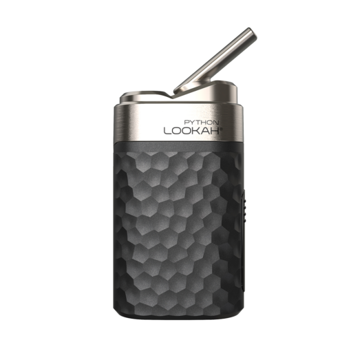 A black and silver Lookah Python Vaporizer with a hexagonal-patterned grip, labeled PYTHON LOOKAH, and a metallic mouthpiece angled upward.