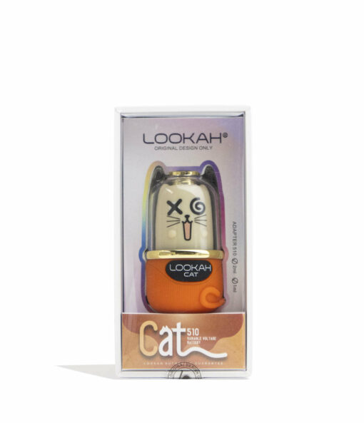 The Lookah Cat 510 Variable Voltage Battery features a cartoon cat face and orange base, and comes boxed in clear packaging with visible branding and product info.