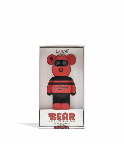 A red and black bear-shaped Lookah Bear Cartridge Vaporizer is shown in a white and clear box with "BEAR 510 VOLTAGE BATTERY" printed at the bottom.