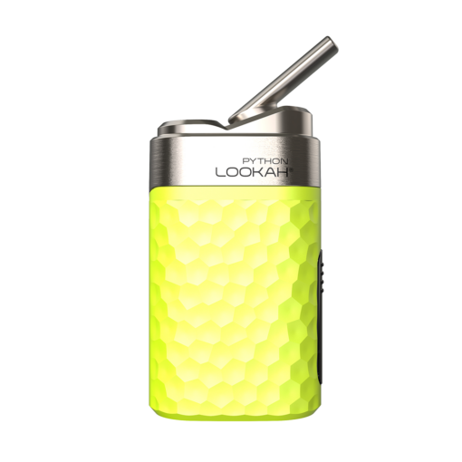 A yellow Lookah Python Vaporizer features a hexagon pattern, metal top, pop-up mouthpiece, and "PYTHON LOOKAH" engraved on the upper section.