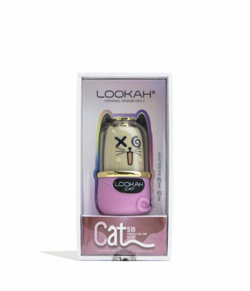 A boxed Lookah Cat 510 Variable Voltage Battery is shown, featuring a cat-shaped design with a cream face, black whiskers, pink cheeks, and a purple base. The white packaging highlights the Lookah branding and product details.