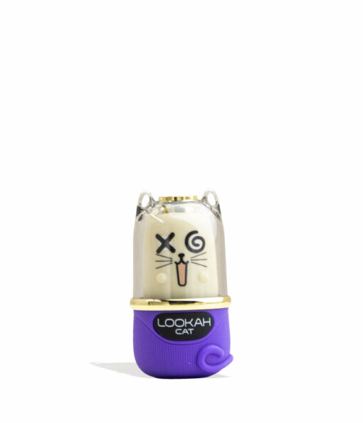 The Lookah Cat 510 Variable Voltage Battery is a small, playful 510 battery shaped like a cat with a white face, cartoon eyes and mouth, gold accents, clear ears, and a purple base—perfect for custom vaping.