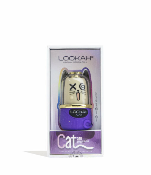 The Lookah Cat 510 Variable Voltage Battery comes boxed with a cartoon cat face on mostly white and purple packaging that clearly displays "LOOKAH CAT" and "Cat 510 Battery" on the front.
