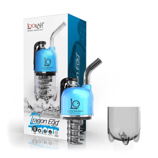 A blue and silver Dragon Egg Vaporizer by Lookah with a curved mouthpiece is displayed beside its packaging box, showcasing product images and branding. A transparent accessory sits to the right of this unique Lookah Vaporizer.