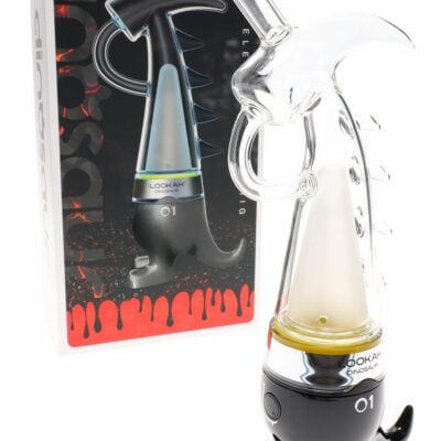 The Lookah Dinosaur Electric Dab Rig (950mAh, 3-Temp, USB-C) in assorted colors is displayed before its matching branded packaging, highlighted by a red drip graphic for bold style and modern charging convenience.