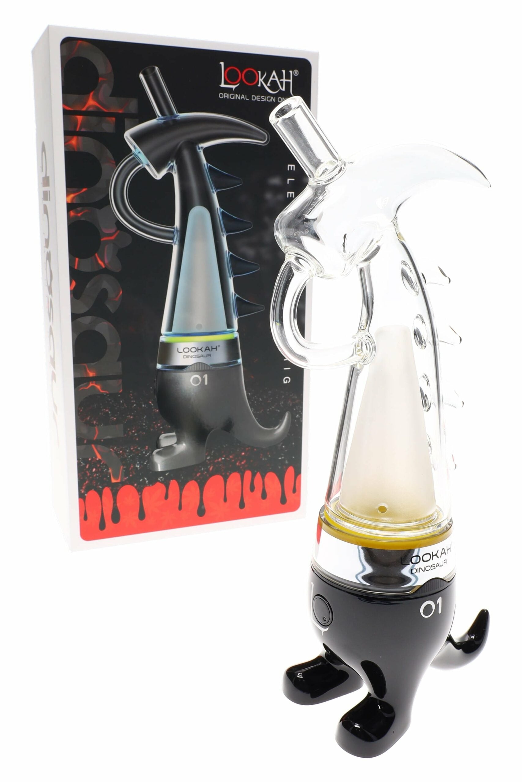 The Lookah Dinosaur Electric Dab Rig (950mAh, 3-Temp, USB-C) in assorted colors is displayed before its matching branded packaging, highlighted by a red drip graphic for bold style and modern charging convenience.