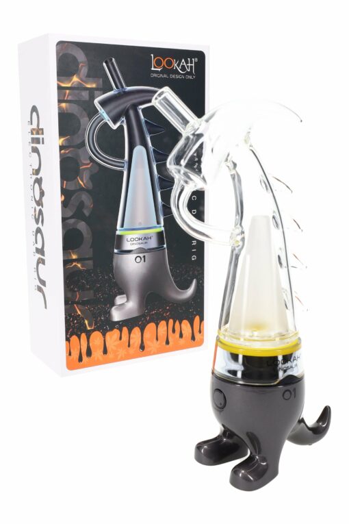 The Lookah Dinosaur Electric Dab Rig features a 950mAh battery, 3 temperature settings, USB-C charging, and comes in assorted colors—perfect for enjoying your concentrates in style.
