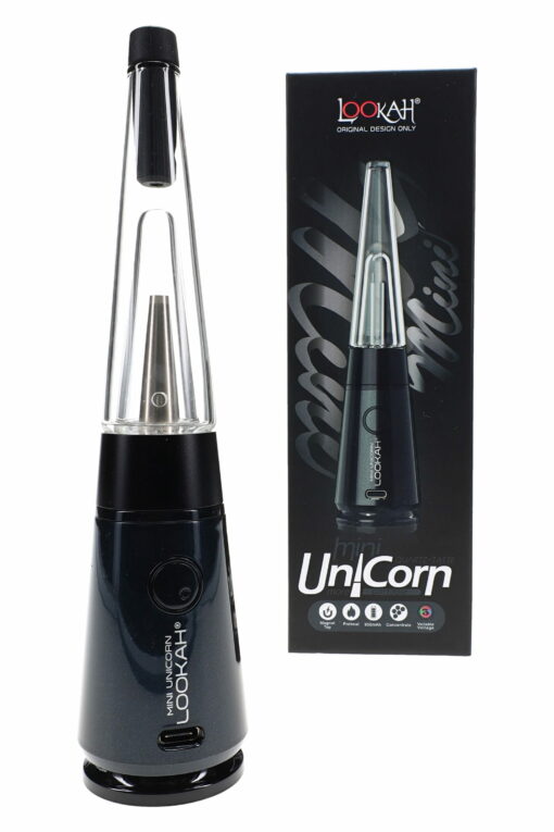 The Lookah Mini Unicorn Electric Dab Rig – 950 mAh in black and silver is shown beside its box, which displays the device’s image and bold branding.