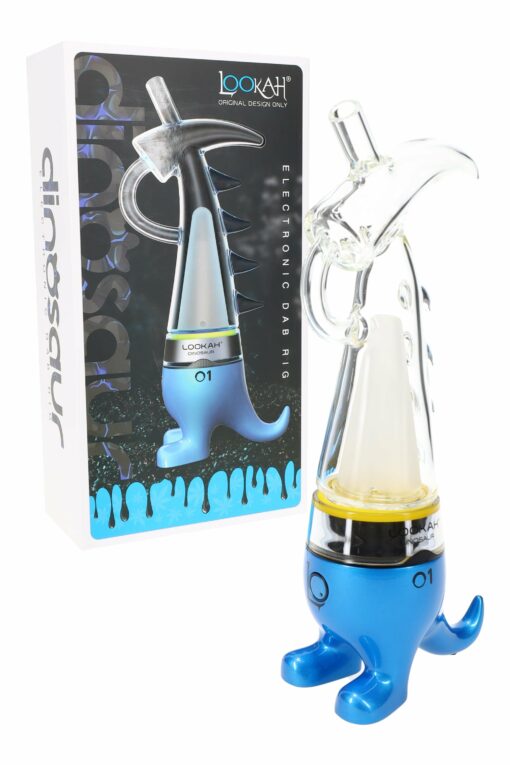 The Lookah Dinosaur Electric Dab Rig (950mAh, 3-temp, USB-C) features a blue dinosaur design with a clear body and feet. Includes convenient USB-C charging, and comes in assorted colors with branded packaging.