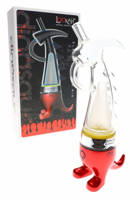 The Lookah Dinosaur Electric Dab Rig (950mAh, 3-Temp, USB-C, Assorted Colors) stands before its box labeled with "dinosaur" and "LOOKAH"—an ideal choice for electric dab rig enthusiasts who want both style and USB-C convenience.