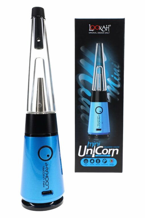 A blue Lookah Mini Unicorn Electric Dab Rig – 950 mAh stands beside its black and blue box, featuring the device's image, branding, battery details, and more.