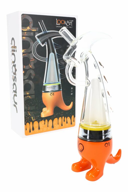 A Lookah Dinosaur Electric Dab Rig (950mAh, 3-temp, USB-C, assorted colors) shaped like an orange dinosaur with a transparent body is shown beside packaging displaying the Lookah Dinosaur name and bong image with "dinosaur" in bold.