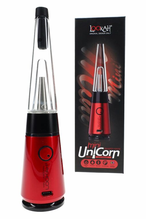 A Lookah Mini Unicorn Electric Dab Rig – 950 mAh in red with a glass top is shown next to its box, which displays the product image and branding.