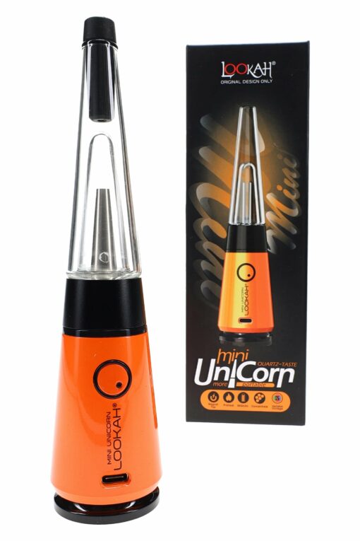 An orange Lookah Mini Unicorn Electric Dab Rig – 950 mAh sits beside its matching box, both displaying the device image, branding, and product details.