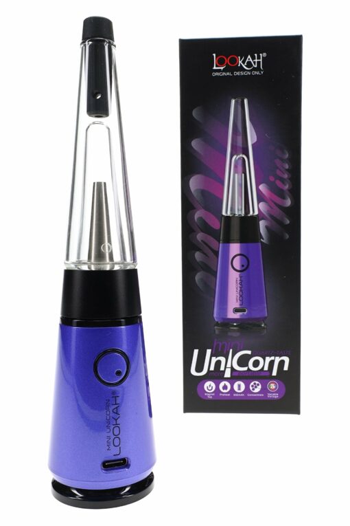 The Lookah Mini Unicorn Electric Dab Rig – 950 mAh is shown beside its matching retail box, which features the product image, logo, and stylish black, purple, and white branding. This compact device offers smooth sessions with its powerful battery.