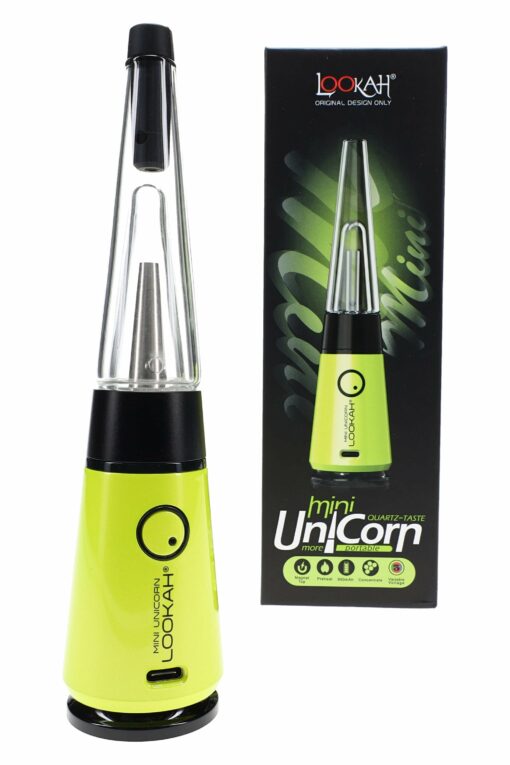 A Lookah Mini Unicorn Electric Dab Rig – 950 mAh in yellow stands next to its matching black and green box, which displays the device’s image and branding.