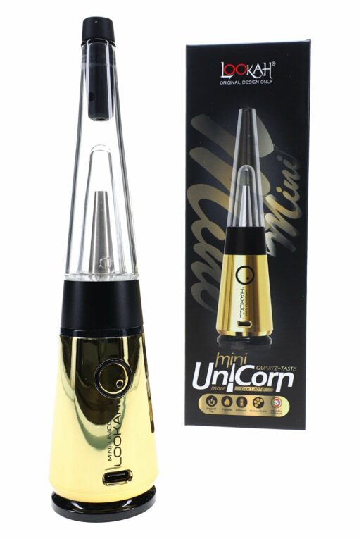A gold and black Lookah Mini Unicorn Electric Dab Rig – 950 mAh stands upright beside its box, which features the product image, brand name, and emphasizes its powerful battery.