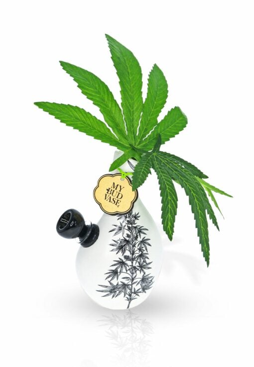 The Love Bud Vase Bong, with a black cannabis leaf design, holds fresh cannabis leaves and features a black bowl and a gold "My Bud Vase" tag, displayed against a white background.