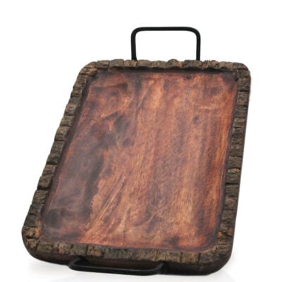 The Woodland Rolling Tray is a rectangular wooden tray with a natural bark edge and two black metal handles, displayed on a white background.