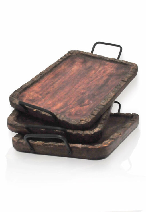 The Woodland Rolling Tray features three rustic wooden trays with textured edges and black metal handles, stacked together on a white background—ideal as stylish rolling trays or decorative display pieces.