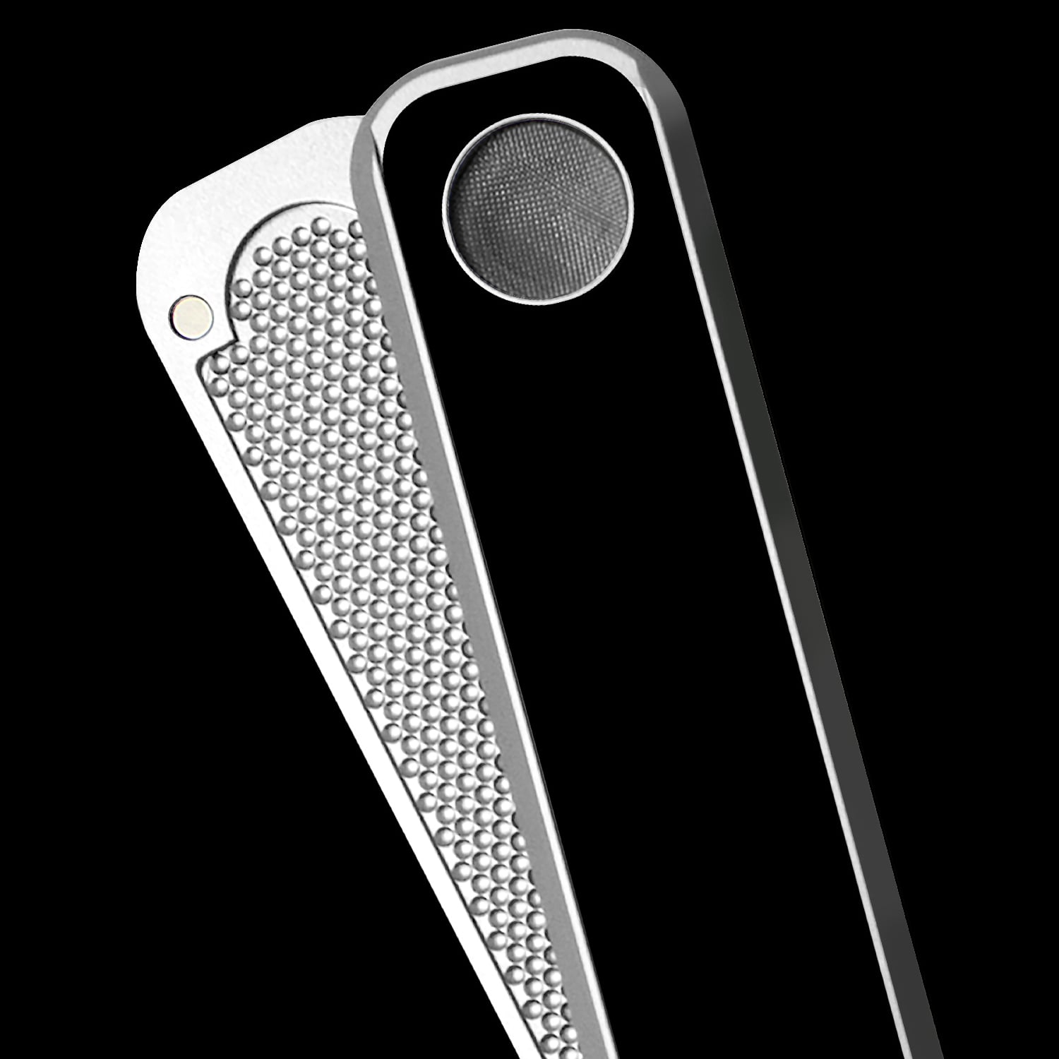 A close-up of two metallic High Expectations Genius Pipes—one with a textured surface, the other with a smooth, glossy black finish and round metal mesh—set against a black background.