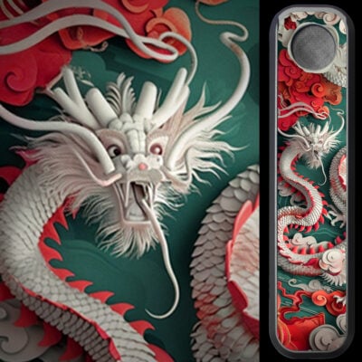 A detailed illustration of a white Chinese dragon with long whiskers and scales amid swirling red clouds is shown beside the Dai Lo Genius Pipe vape, which features the same dragon and cloud design.
