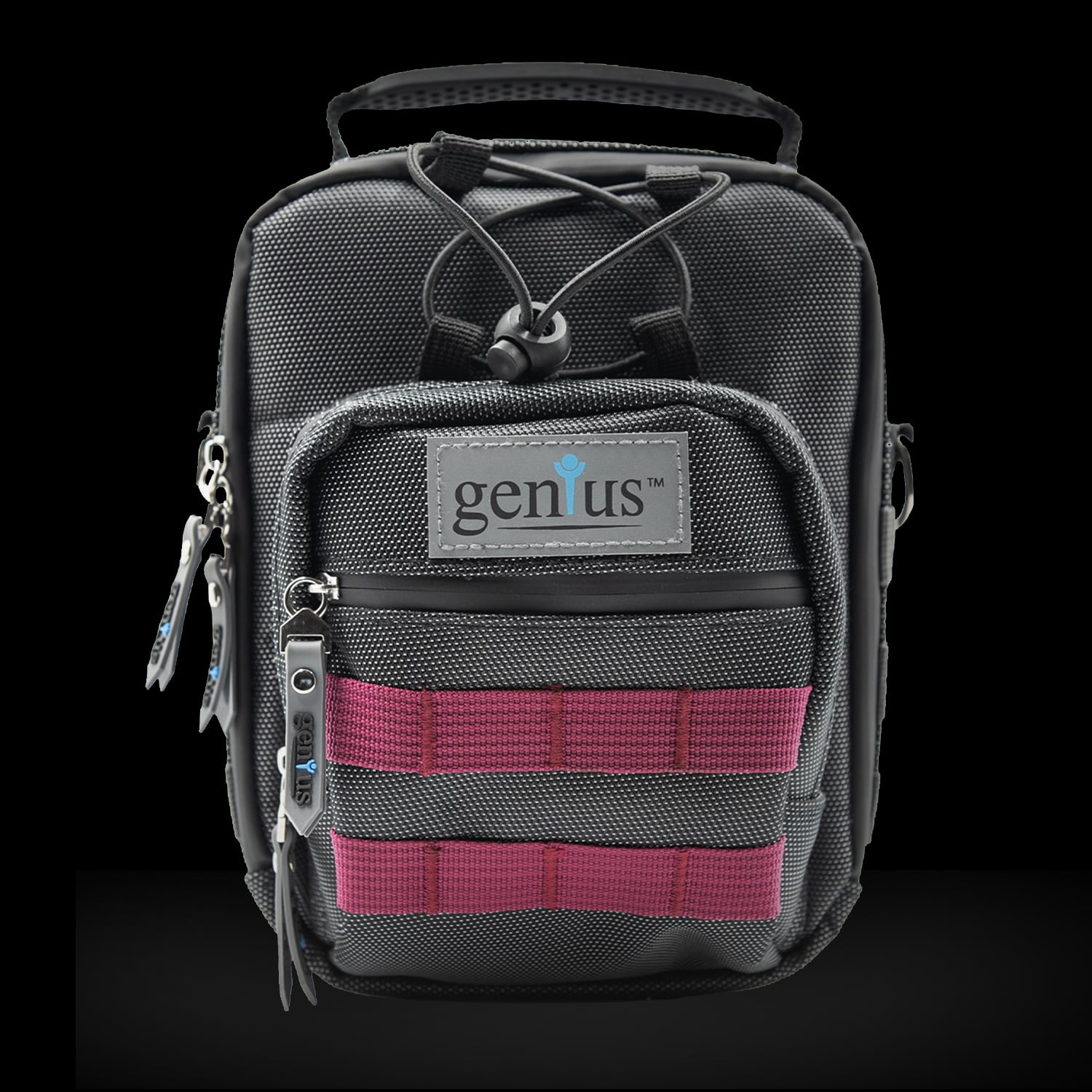 A black backpack with a handle, front zipper pocket, pink MOLLE straps, and a genius logo patch is displayed against a black background.